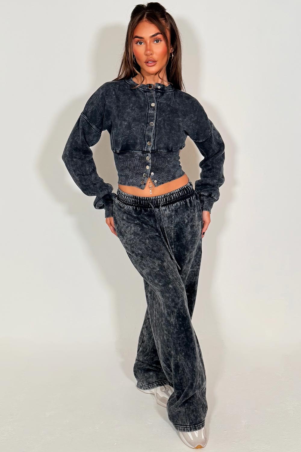 button up crop sweatshirt and wide leg joggers two piece loungewear co ord acid wash set womens styledup