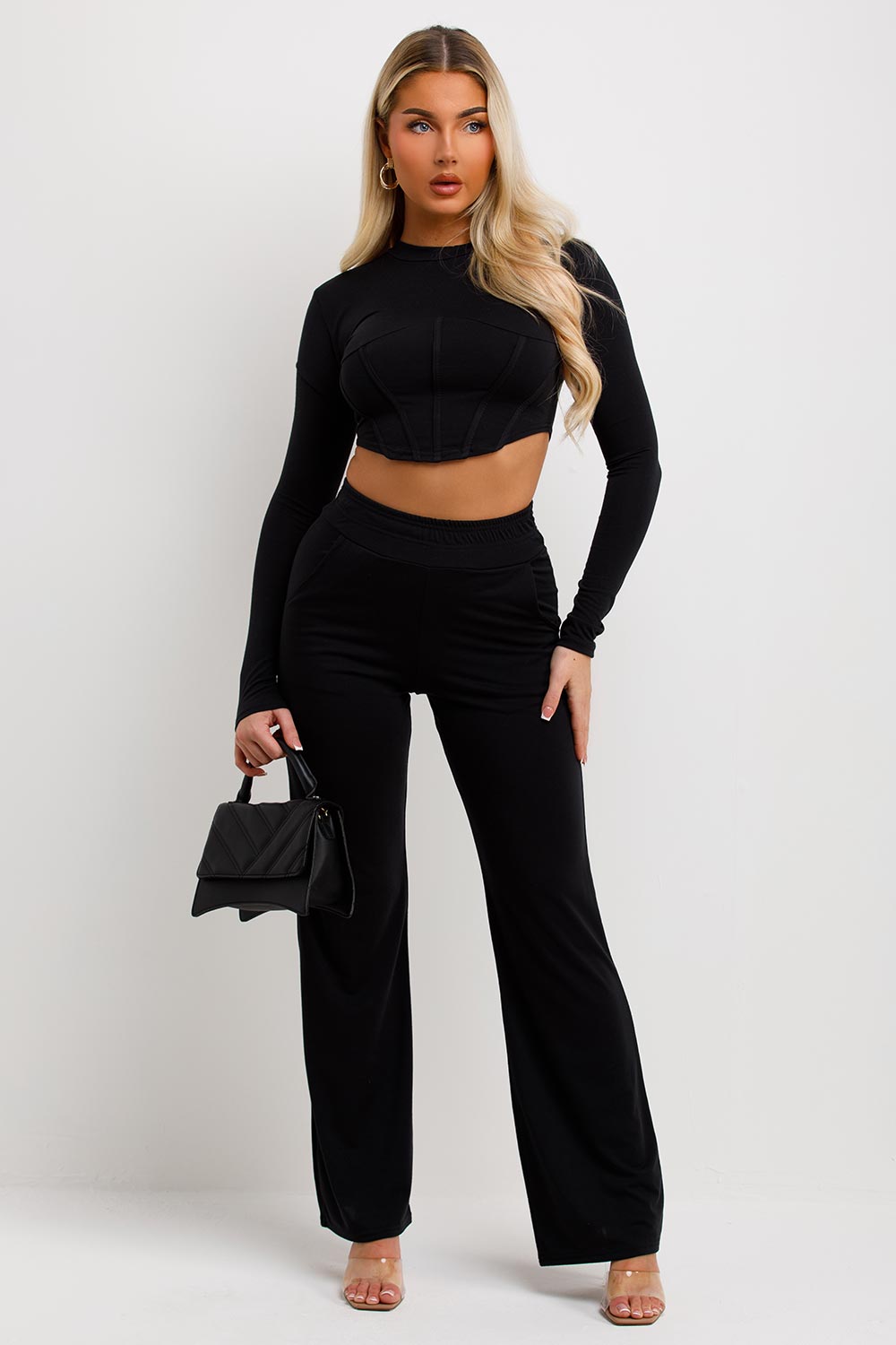 womens long sleeve corset top and straight leg trousers set