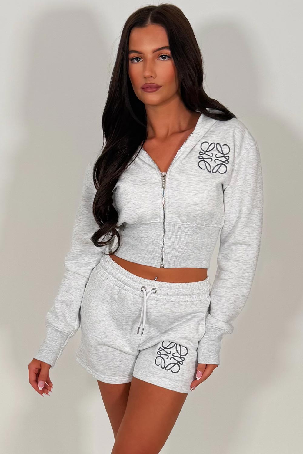womens embroidery detail crop hoodie and shorts co ord set summer holiday tracksuit sale styledup uk
