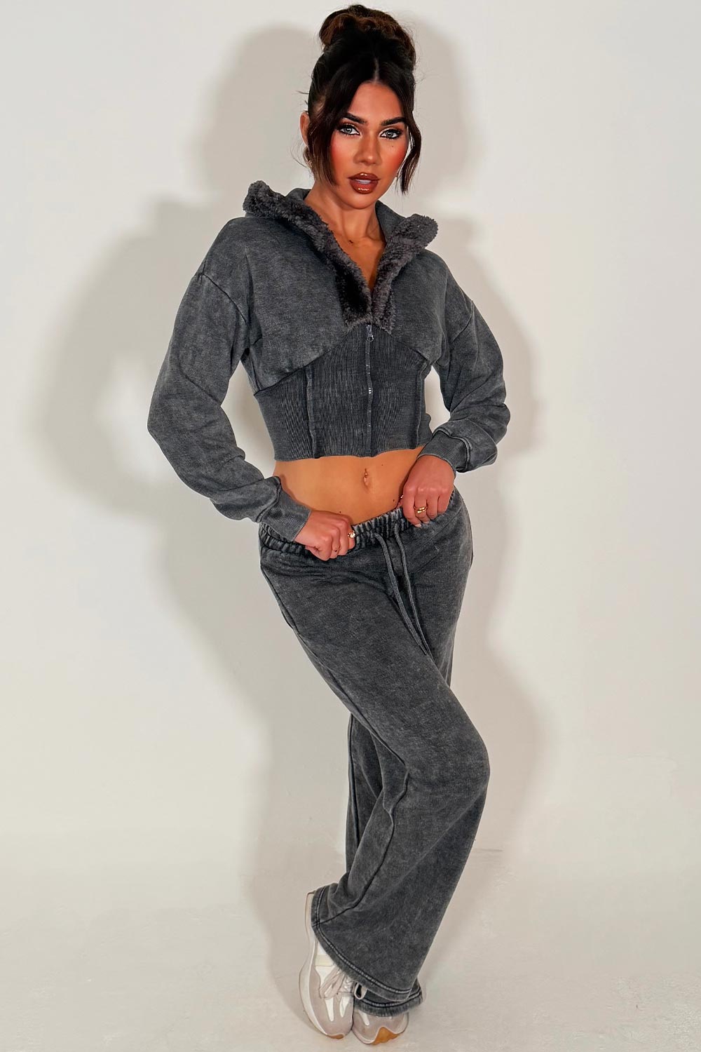 fur trim corset hoodie and joggers tracksuit co rod set for womens styledup