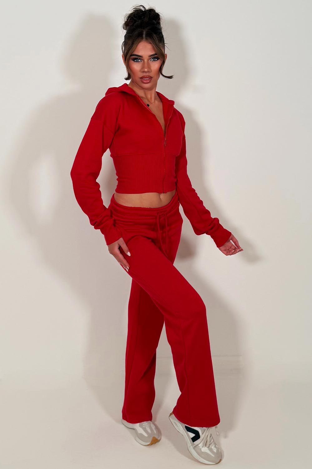 zip up sweatshirt and wide leg joggers womens tracksuit with side stripe perfect comfy cosy airport outfit for womens