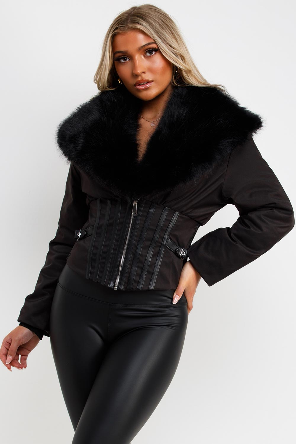 womens winter jacket with fur collar brown styledup uk