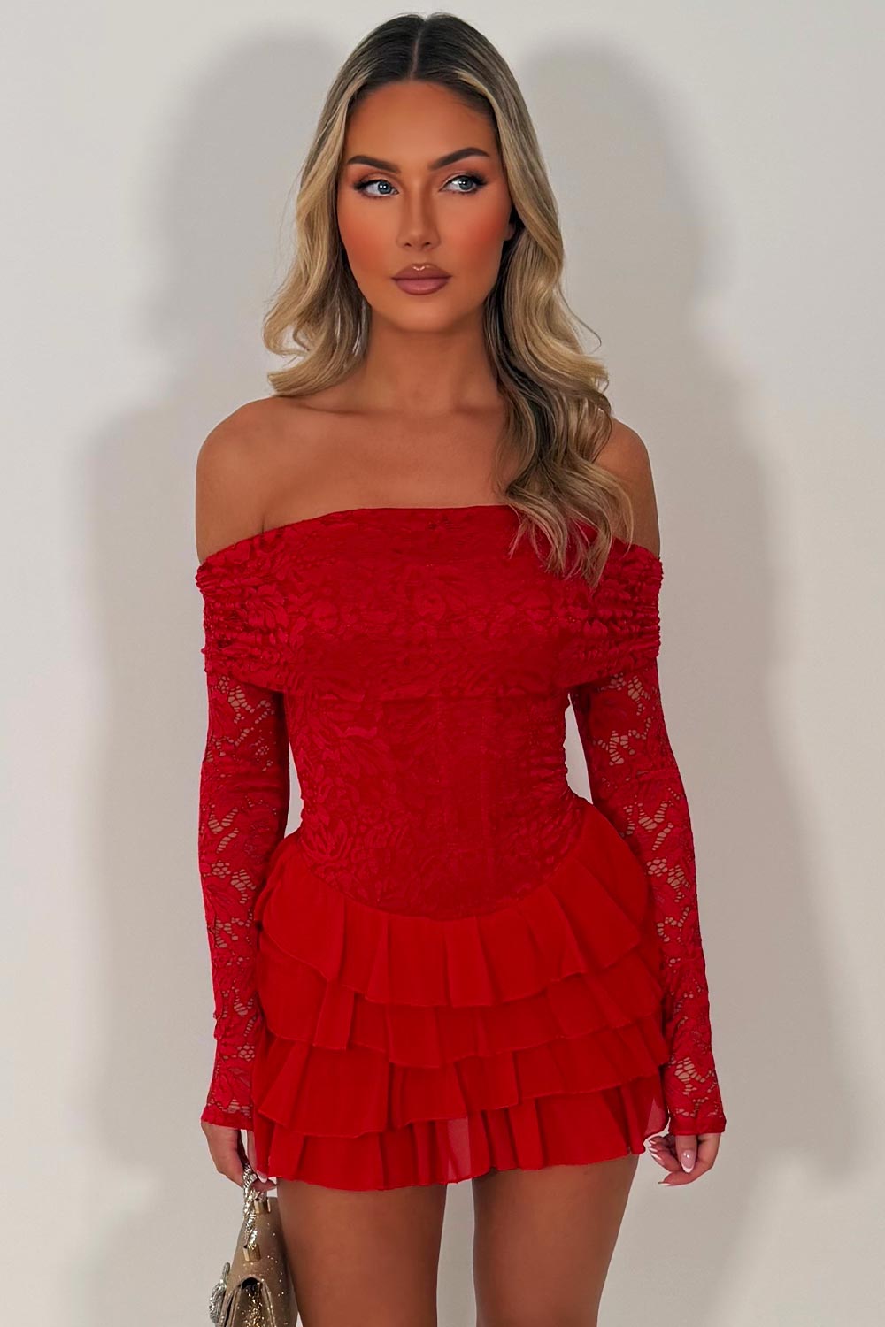 off shoulder long sleeve lace playsuit summer occasion outfit night out occasion dress uk styledup