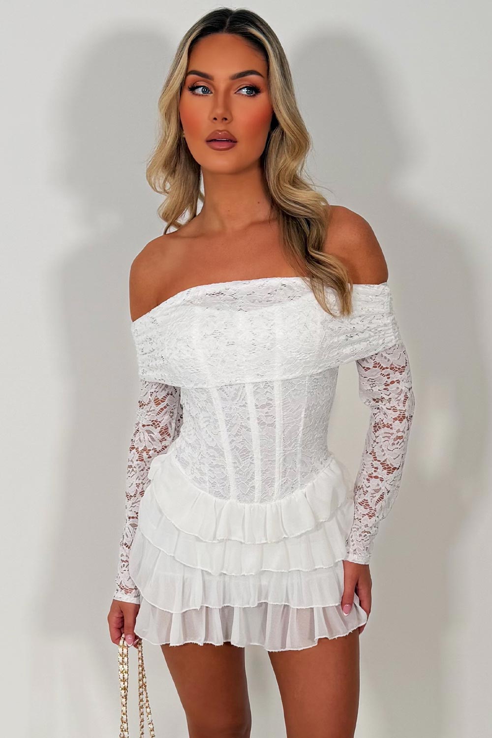 off shoulder long sleeve lace playsuit summer occasion outfit night out occasion dress uk styledup