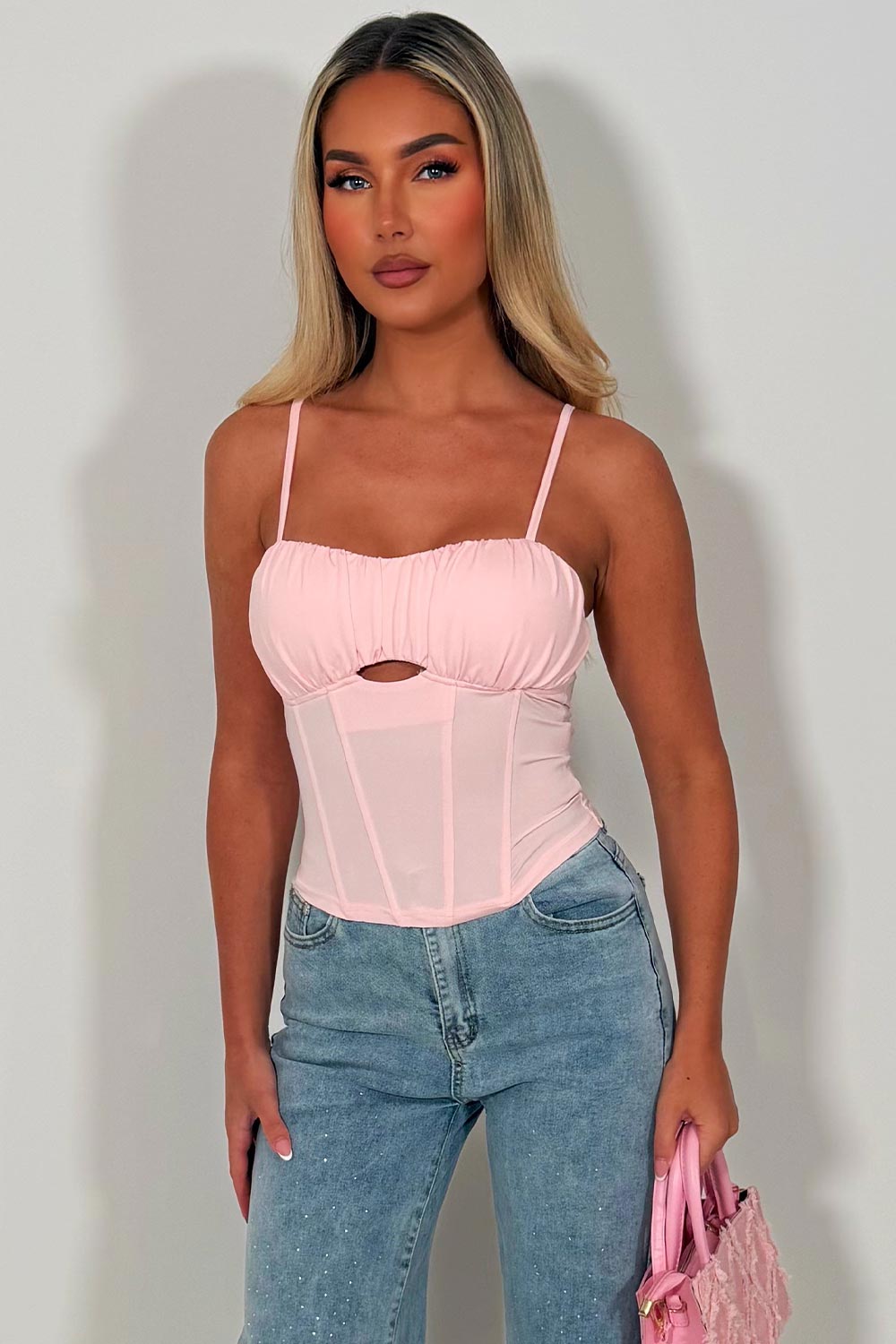 cut out corset crop top with straps pink