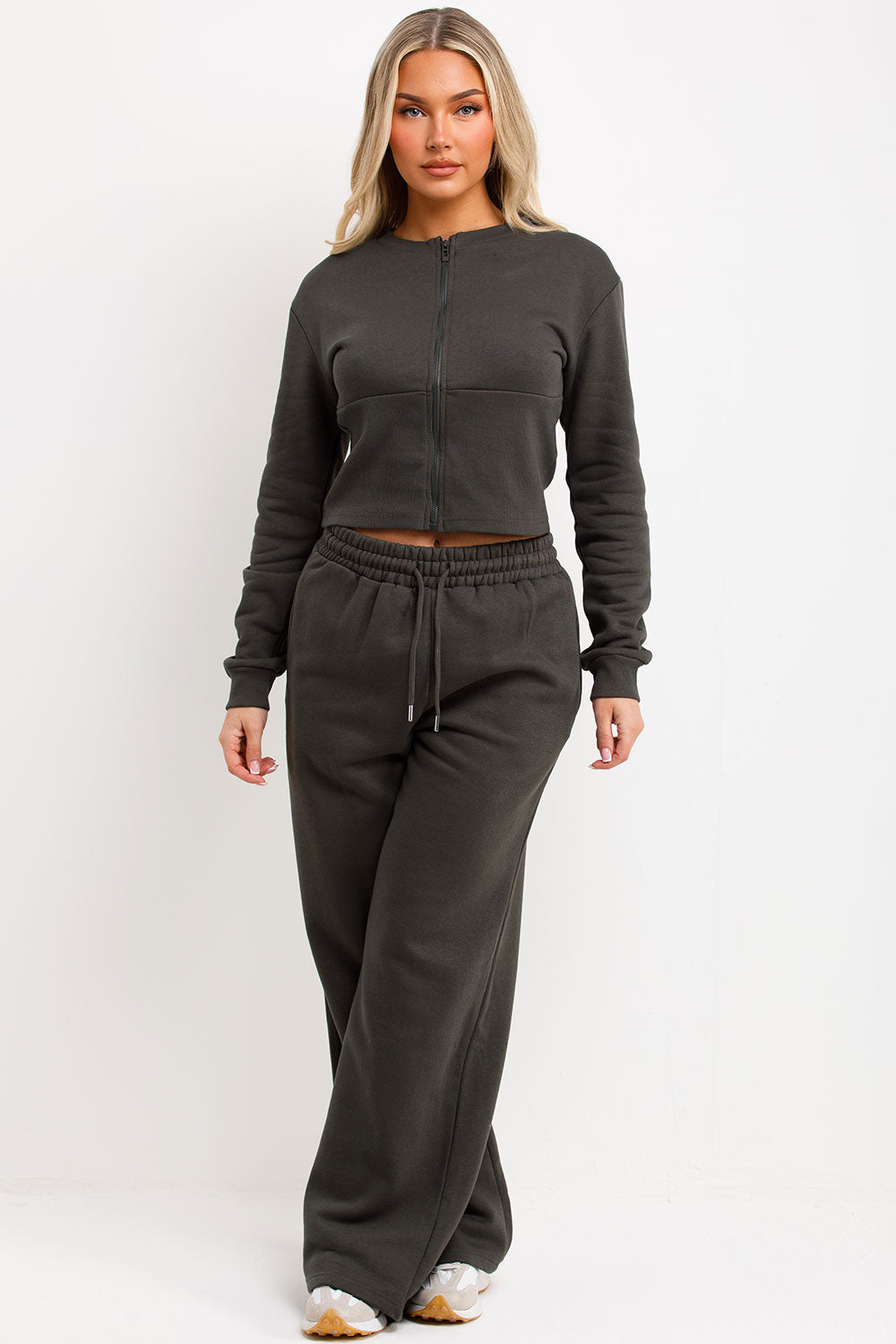 womens crop zip up sweatshirt and joggers two piece tracksuit co ord set khaki styledup