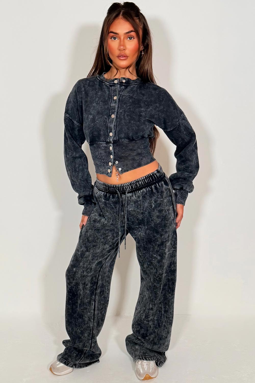 womens button up waist compression tracksuit acid wash tiktok styledup