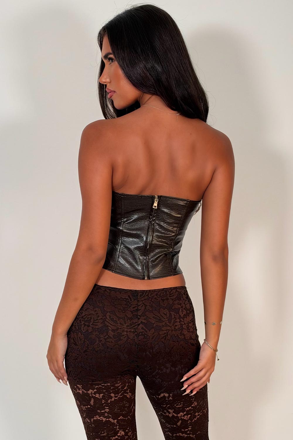 brown faux leather strapless corset top night out festival rave outfit styledup uk