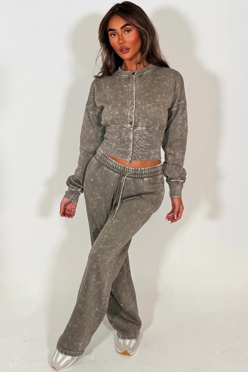 womens acid wash grey crop compress waist button up sweatshirt and wide leg jogger two piece tracksuit set loungewear co ord