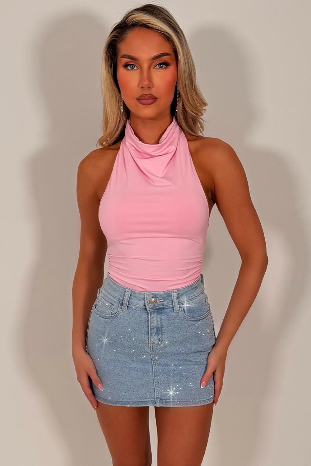womens halter cowl neck backless bodysuit top styledup whitefox uk