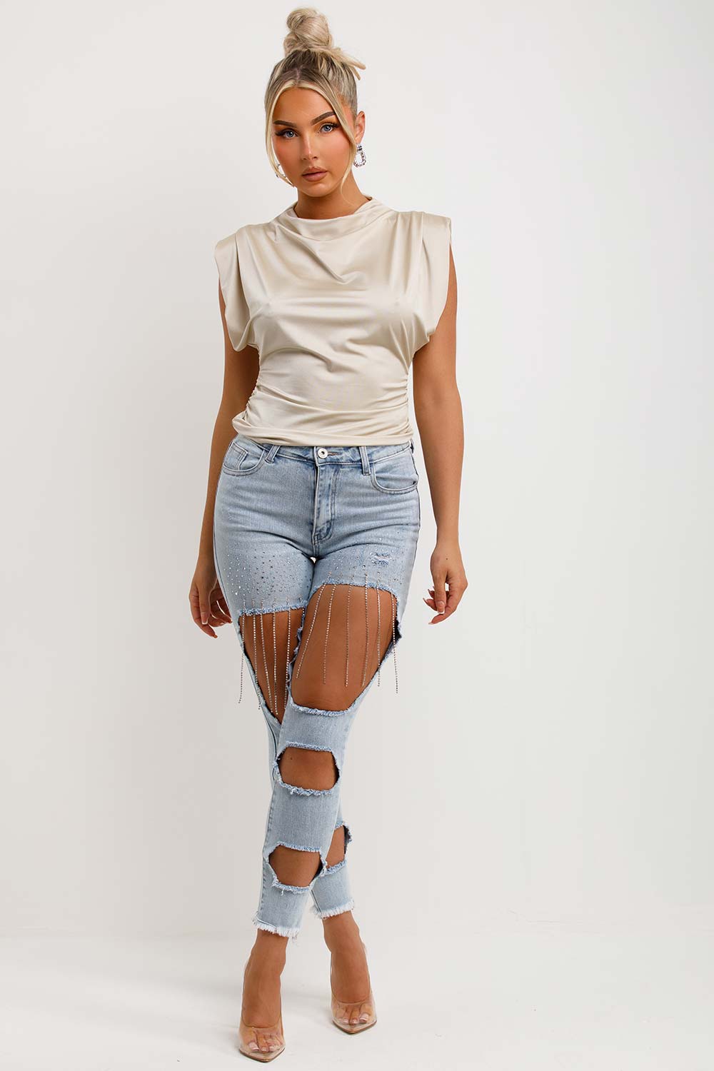 womens satin drape cowl neck padded shoulder top