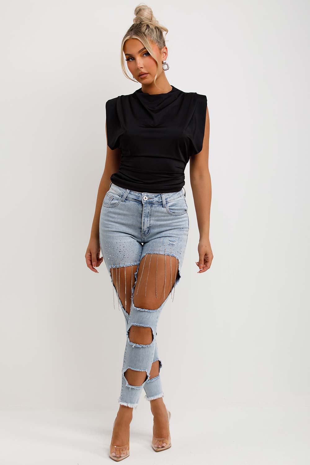 womens drape cowl neck satin top