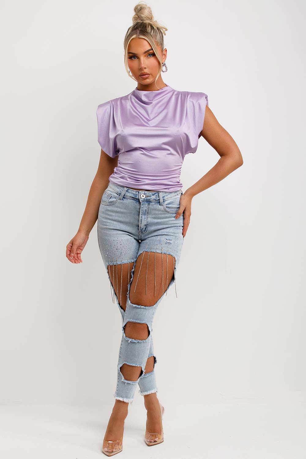 womens satin padded shoulder drape cowl neck top