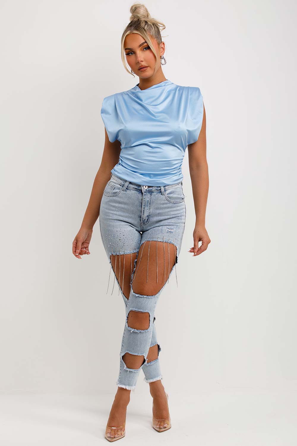 drape cowl neck top with shoulder pad occasion outfit womens