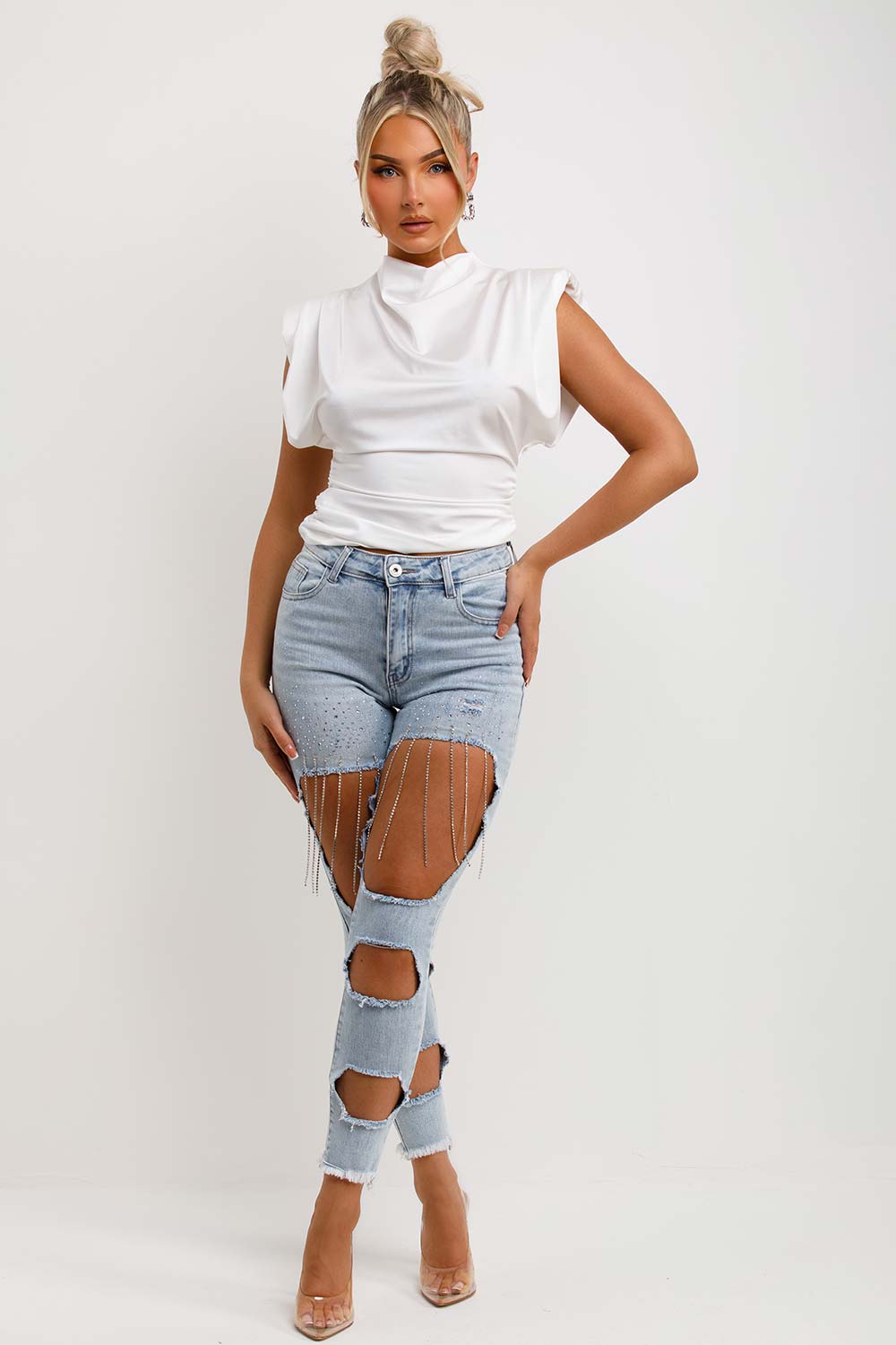 womens white drape cowl neck satin top