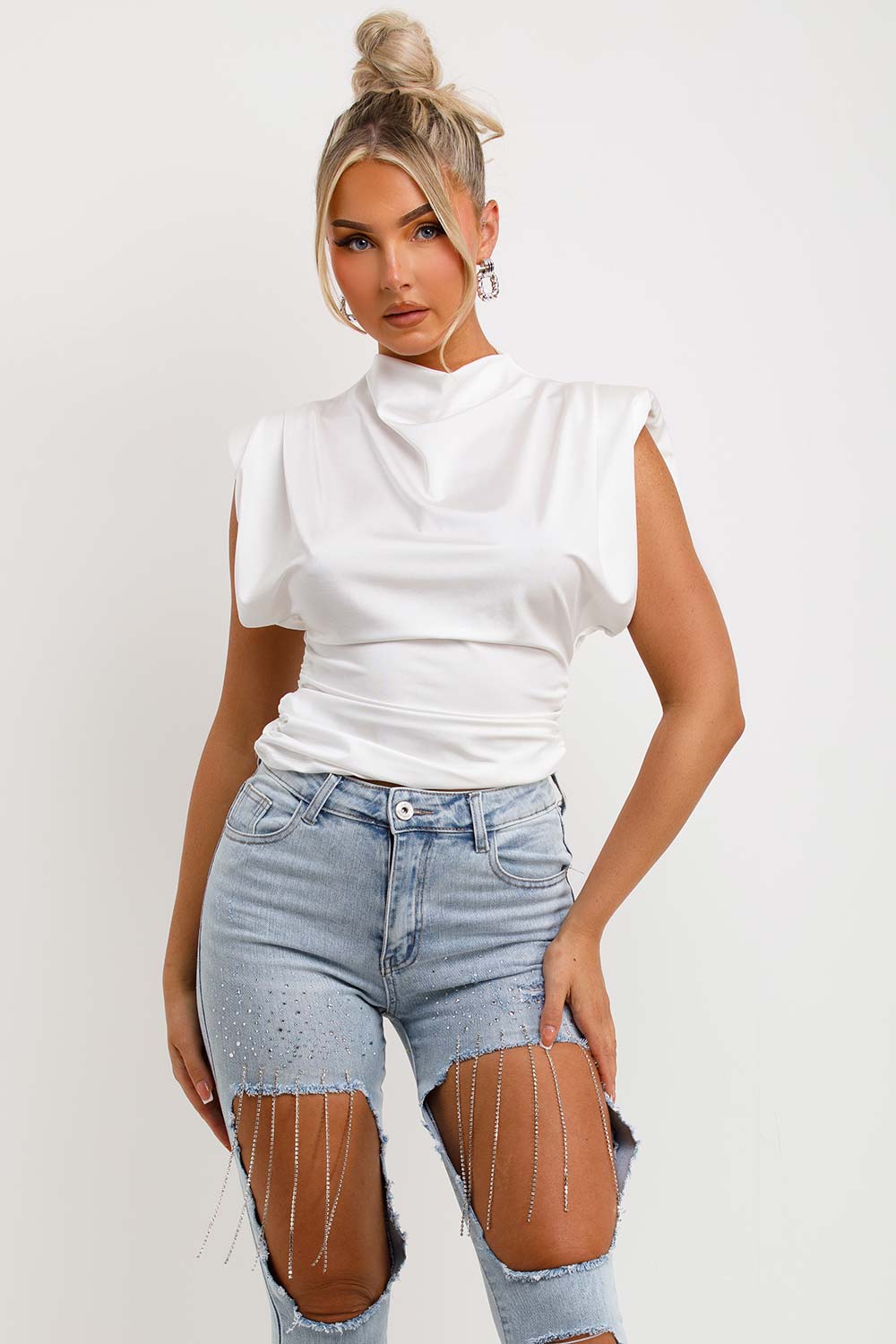 white satin drape cowl neck satin top with padded shoulders summer occasion outfit