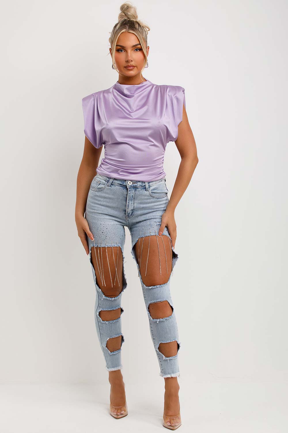 womens padded shoulder satin top going out occasion outfit