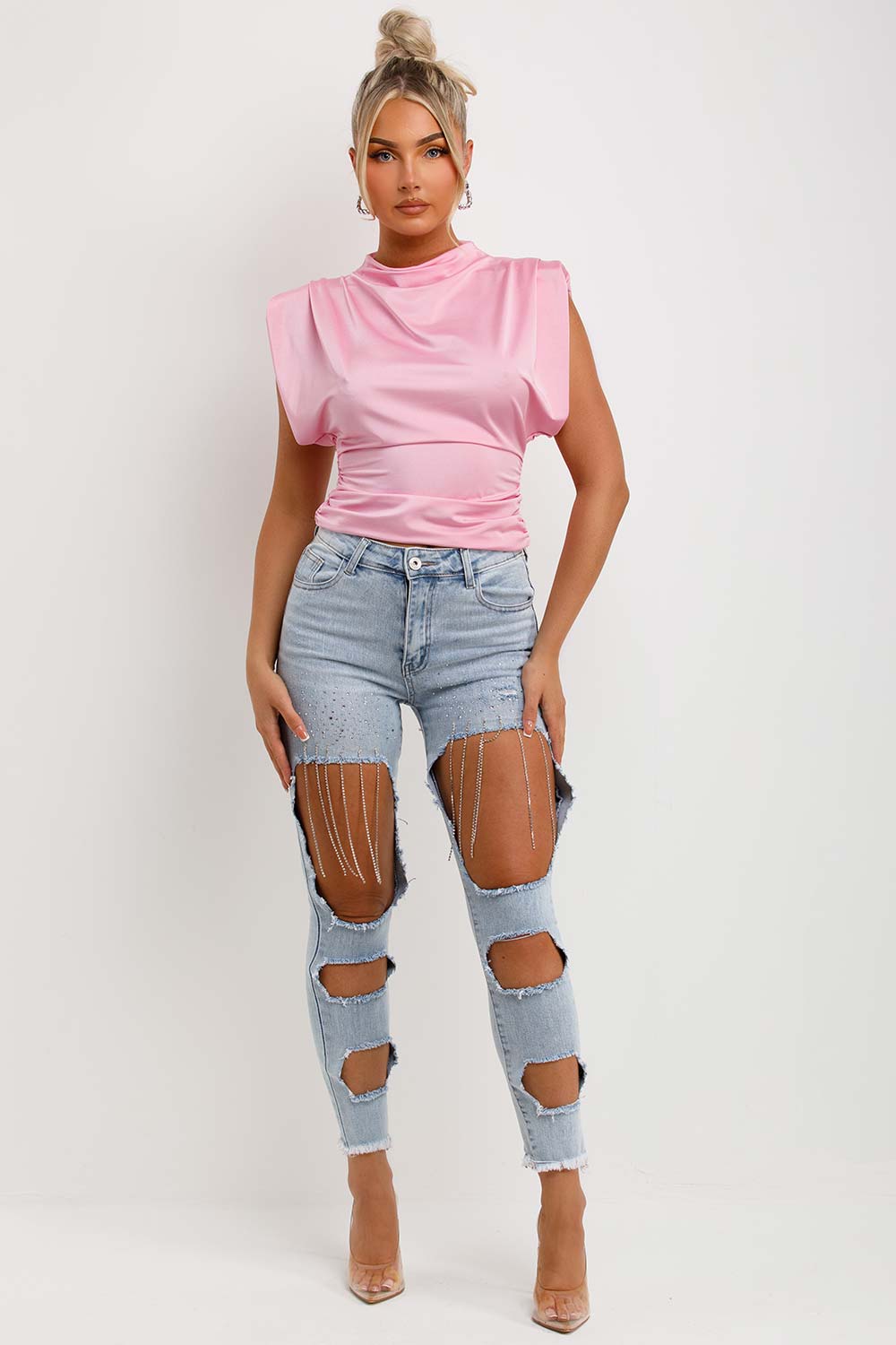 drape cowl neck shoulder pad top pink