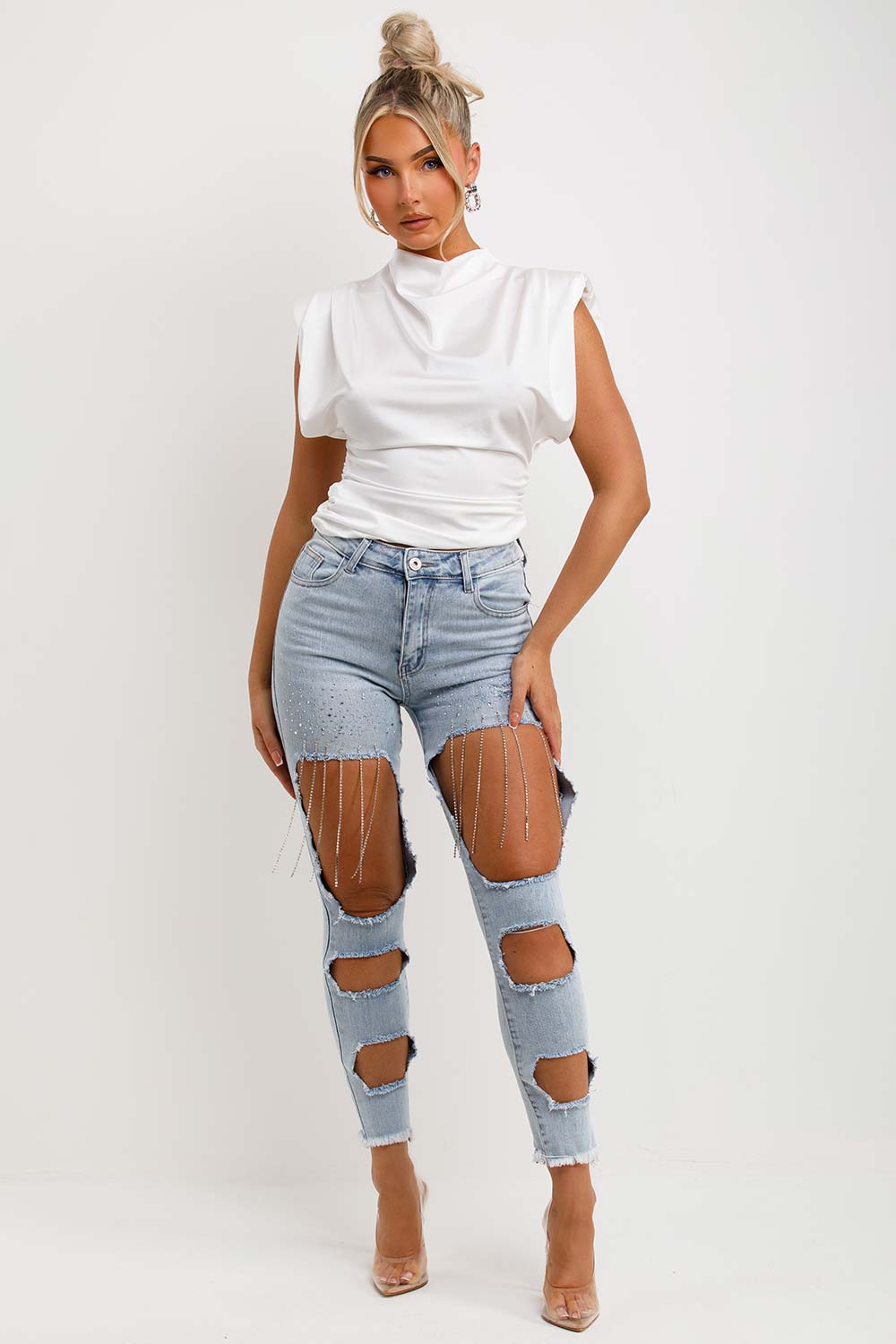 womens padded shoulder satin drape cowl neck top white