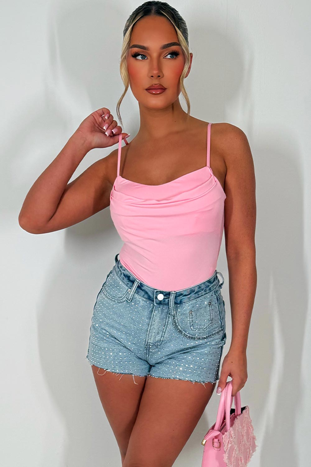 cowl neck bodysuit top satin