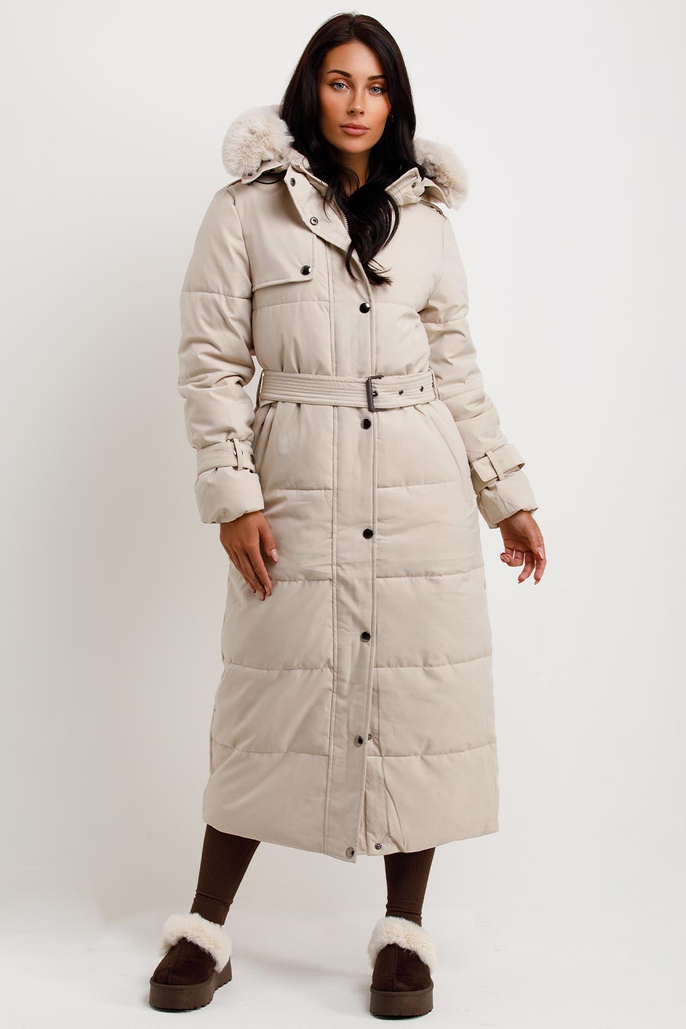 beige long faux fur hood puffer padded belted coat womens