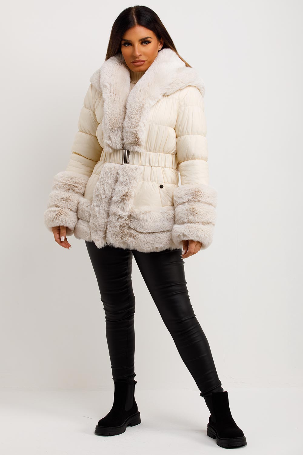 fur trim hooded down jacket