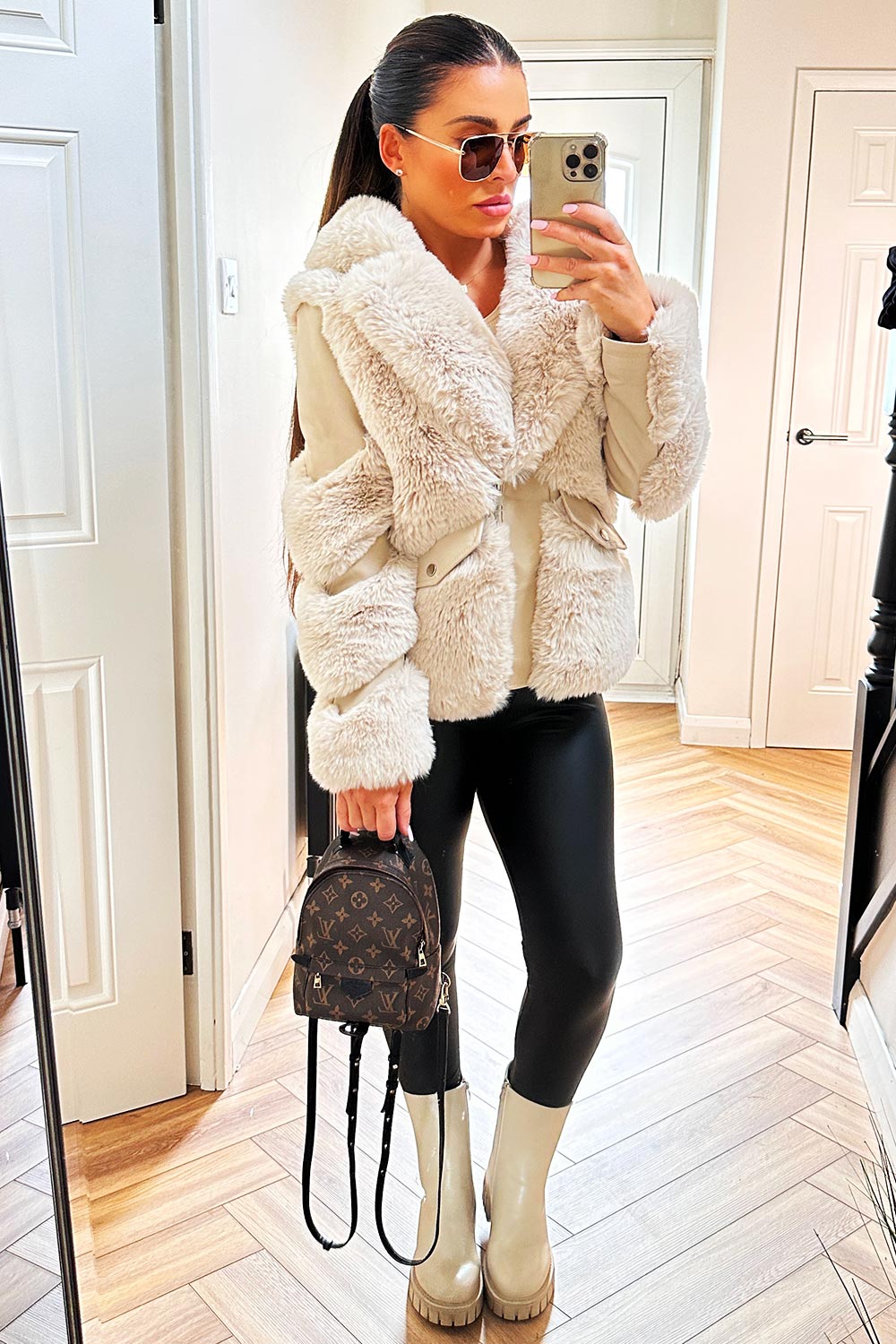 womens faux leather faux fur aviator jacket