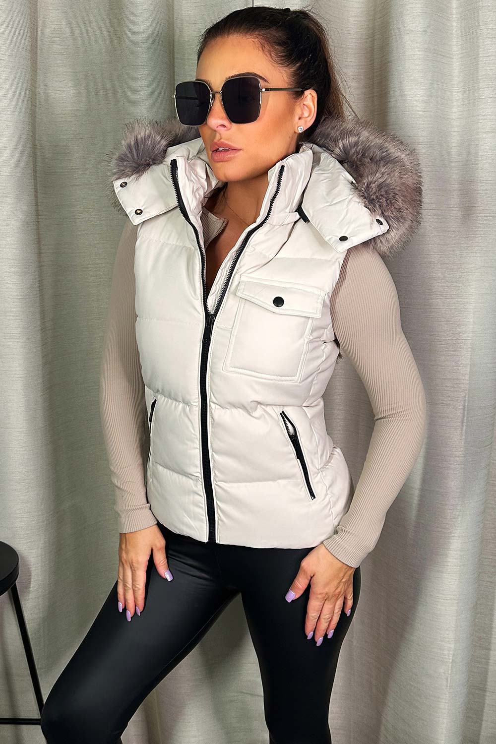 puffer gilet with faux fur hood womens bodywarmer
