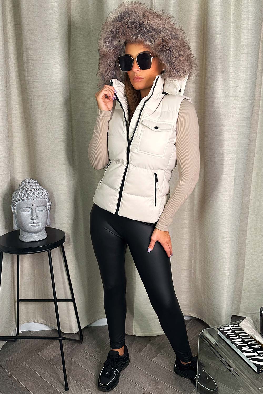 womens faux fur hood padded gilet bodywarmer