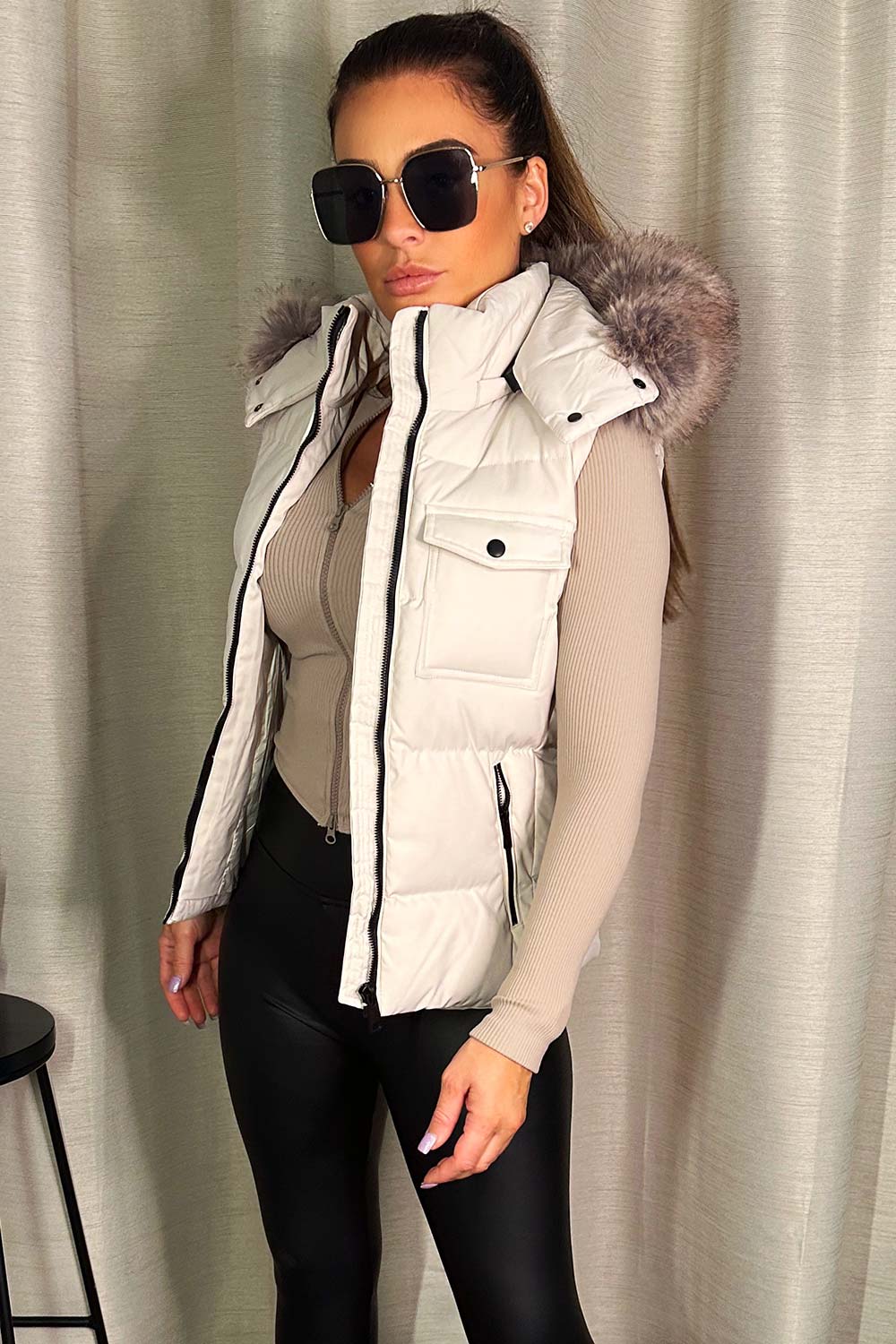 womens puffer gilet with fur hood