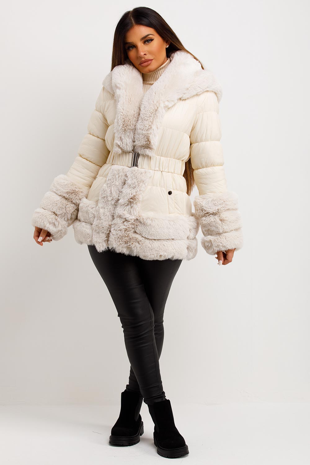 faux fur trim down jacket womens