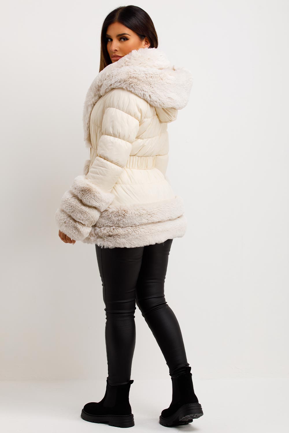 fur trim down jacket beige