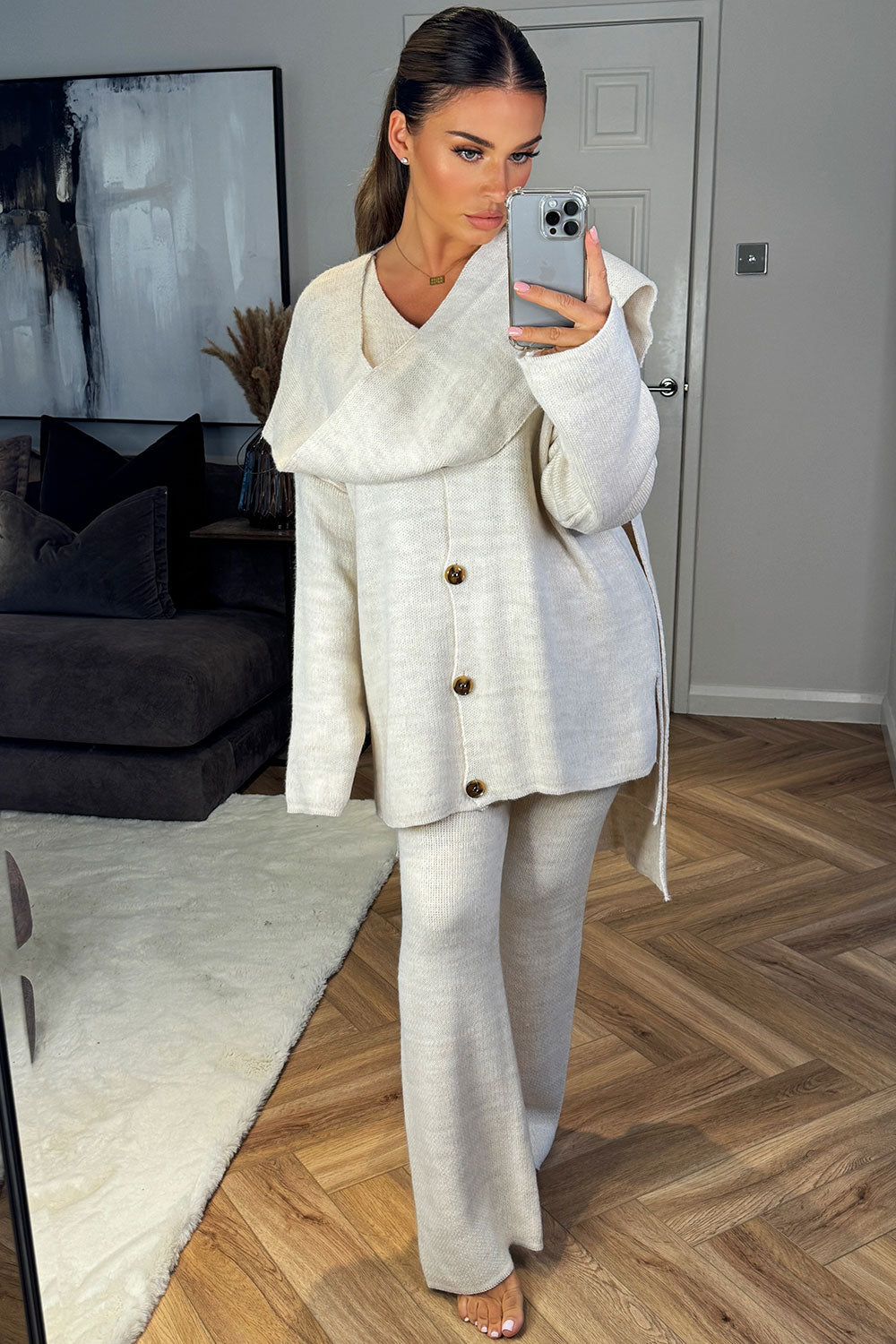 knitted co ord set with scarf beige styledup