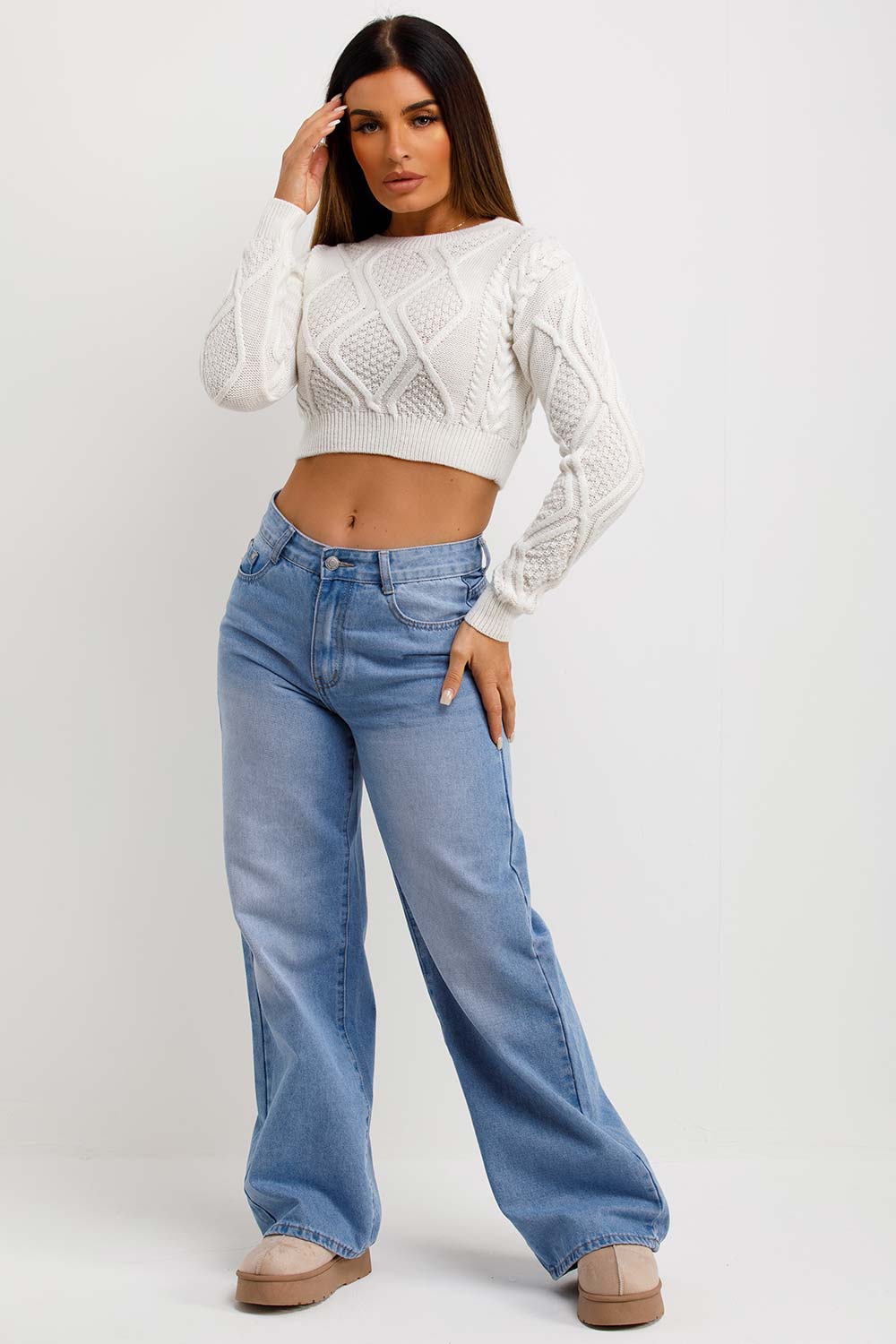womens long sleeve crop jumper white