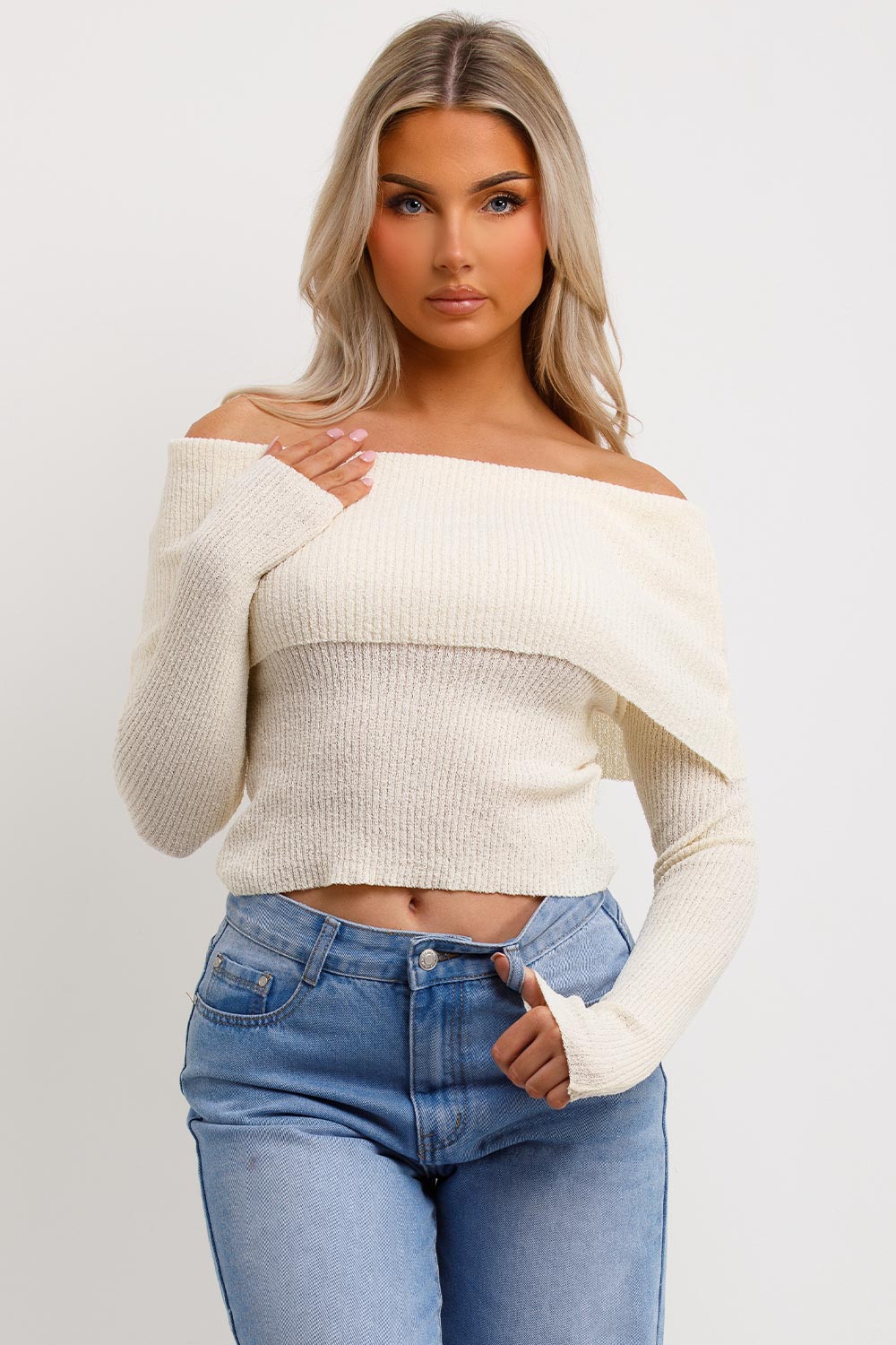 bardot fold over jumper beige