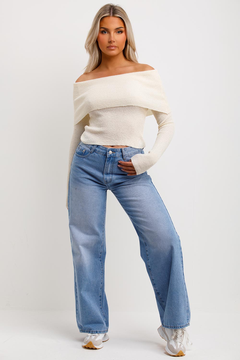 womens knitted off shoulder jumper beige