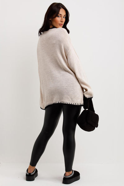 Black Lace Trim V Neck Knitted Jumper