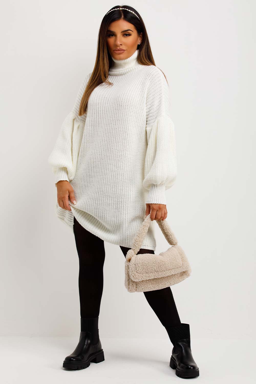 womens knitted long sleeve roll neck christmas jumper dress