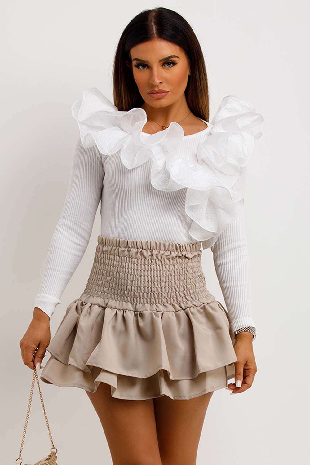 ruffle frilly ribbed top with long sleeves womens