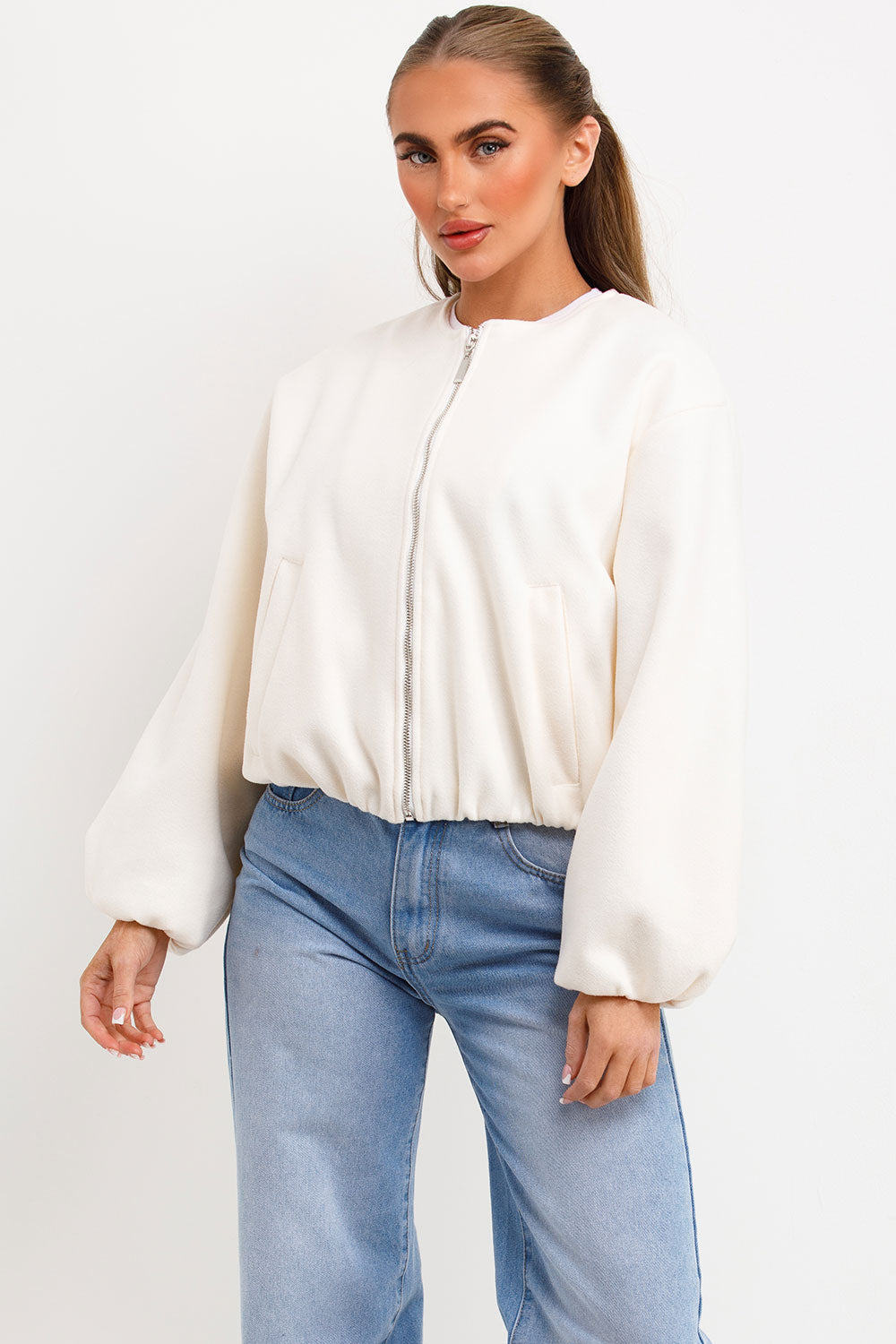 bomber jacket with zip fastening pockets elasticated hem cream
