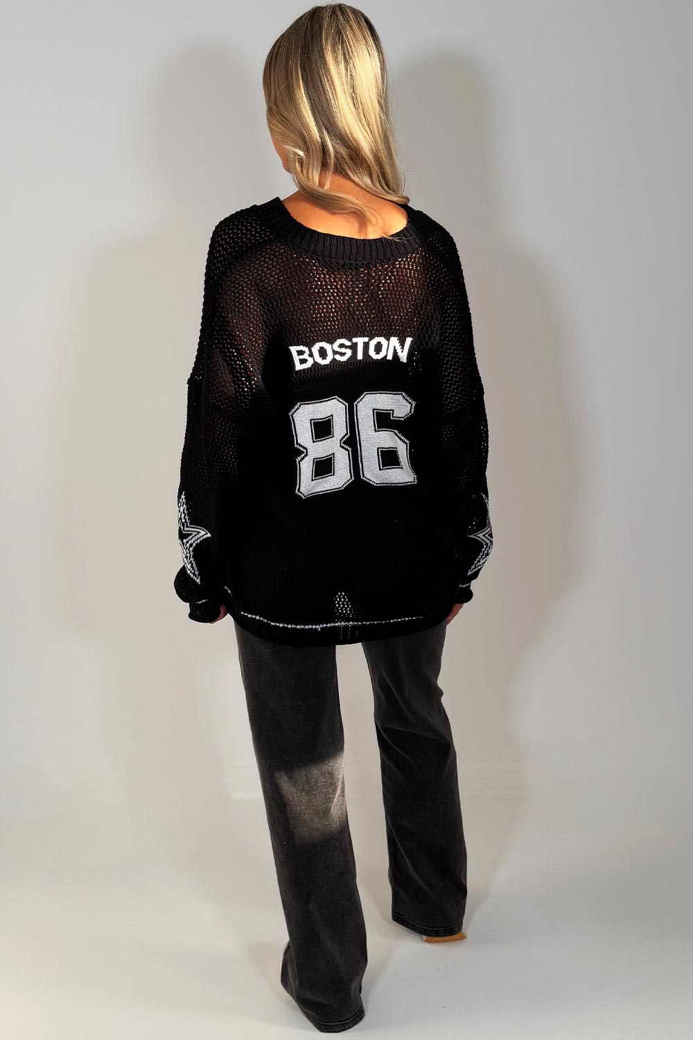 long sleeve knitted jumper with boston slogan styledup