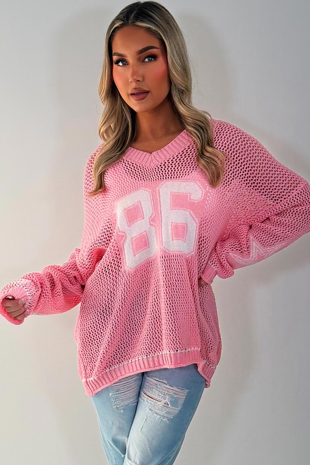 womens long sleeve knitted jumper with boston slogan