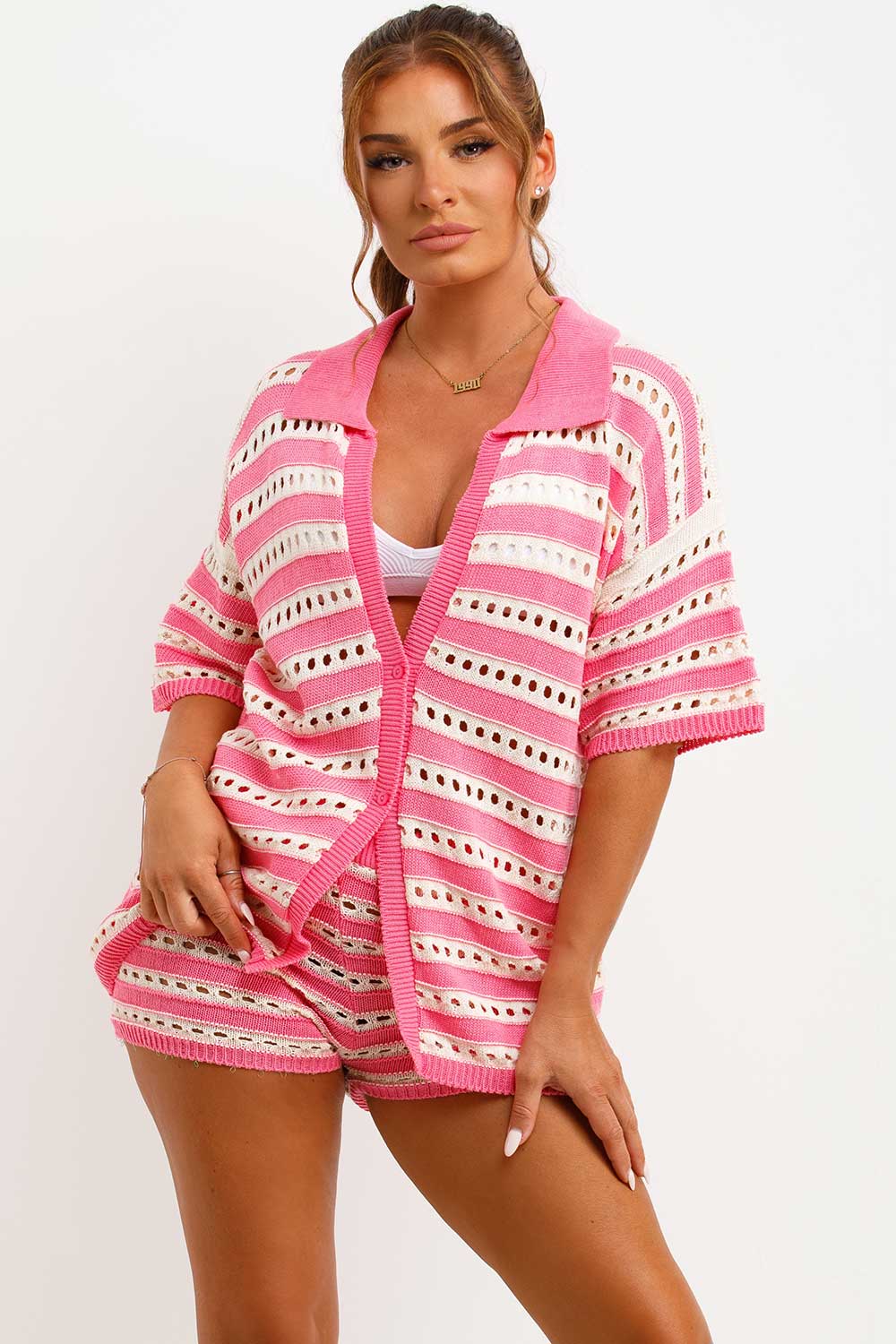 knitted crochet cardigan top and shorts two piece co ord set pink styledup