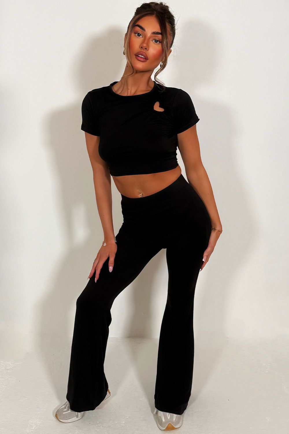 womens flared trousers and matching crop top co ord two piece set daily casual outfit for girls styled up