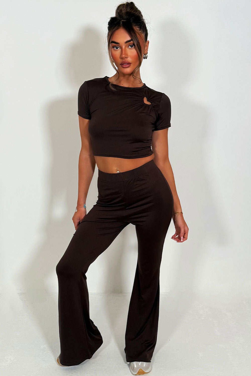 flared trousers and cap sleeve crop top two piece matching outfit set styledup