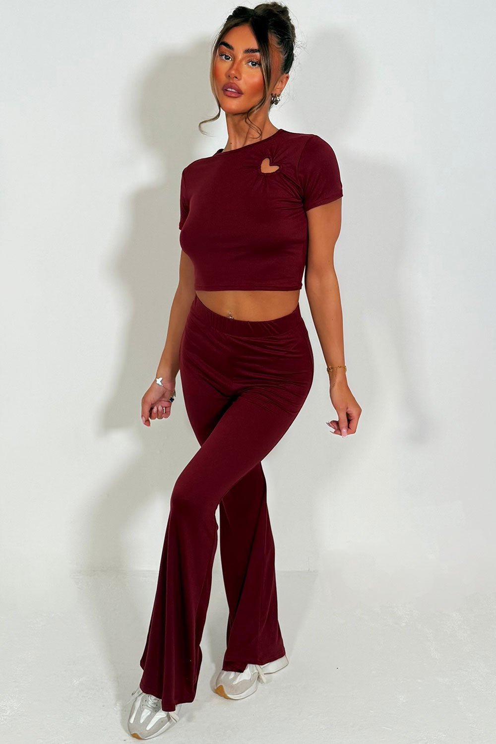 flared trousers and cap sleeve crop top two piece matching outfit set styledup
