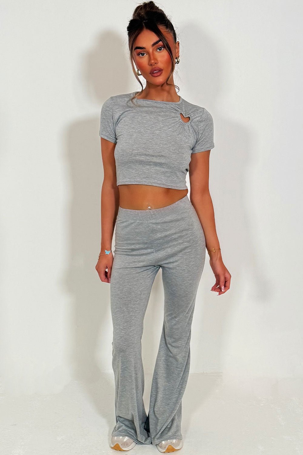 womens flared trouser and crop top with cut out heart detail two piece co ord set casual everyday outfit styledup