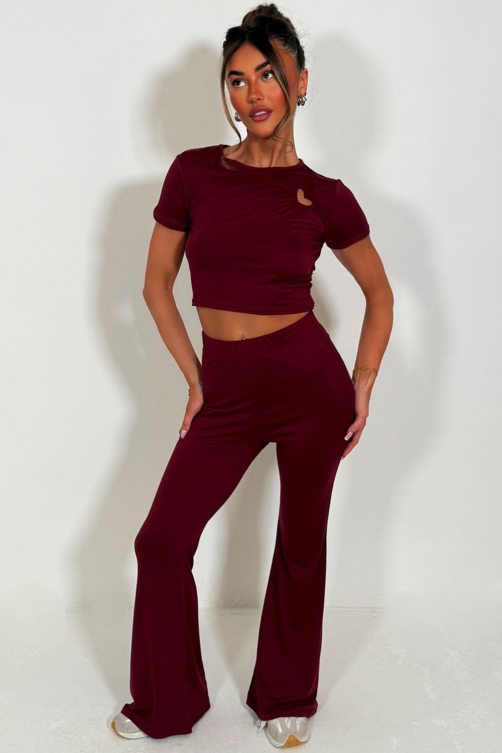 womens flared trouser and crop top with cut out heart detail two piece co ord set casual everyday outfit styledup