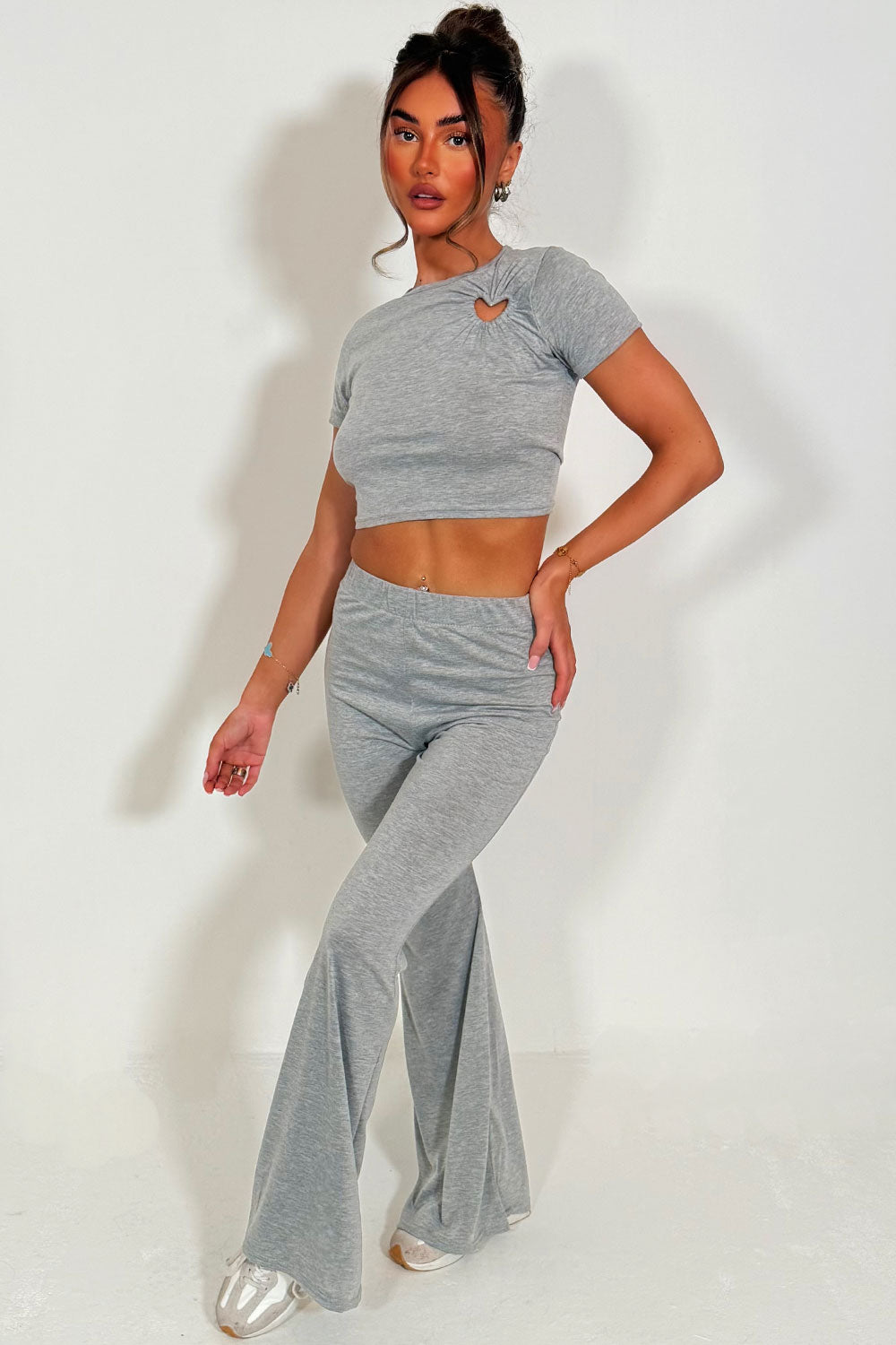 flared trousers and cap sleeve crop top two piece matching outfit set styledup