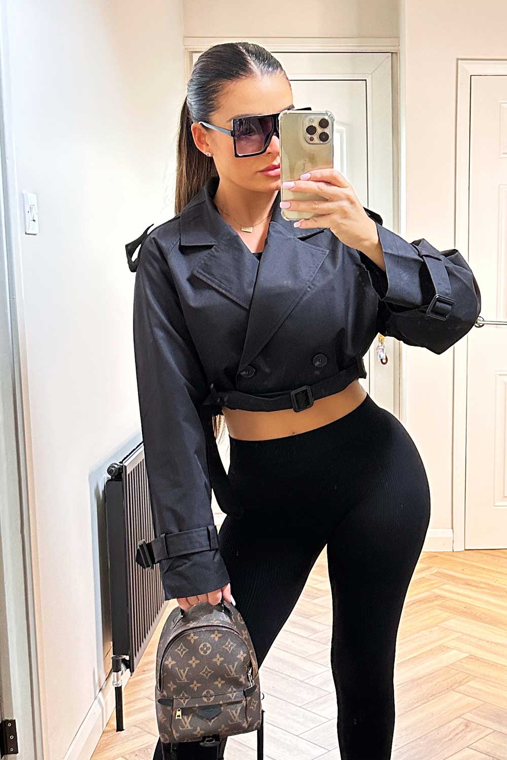 womens black crop trench coat with belt